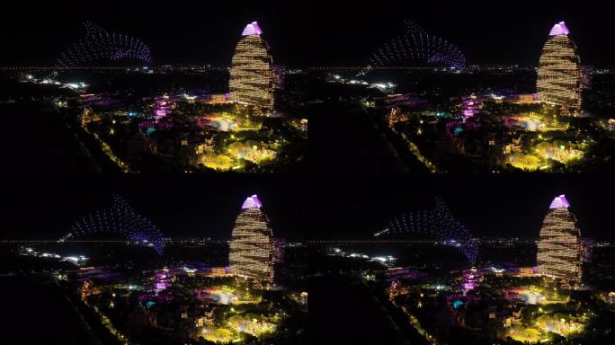 航拍三亚海棠湾夜景无人机灯光秀亚特兰蒂斯