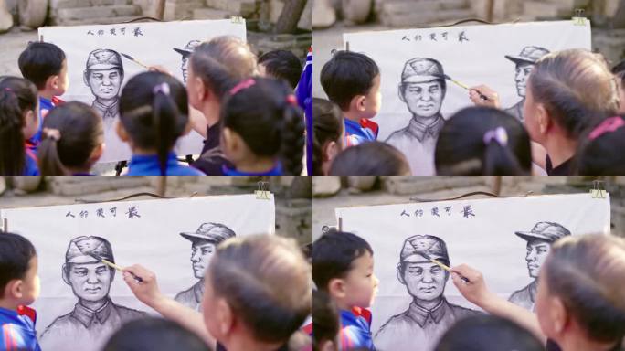 小学生看老艺术家画红军学历史