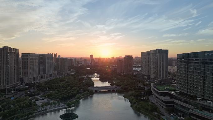 航拍上海松江五龙湖公园城市生态景观