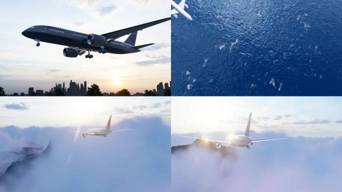 4K中国飞机跑道起飞飞过大海云层合集