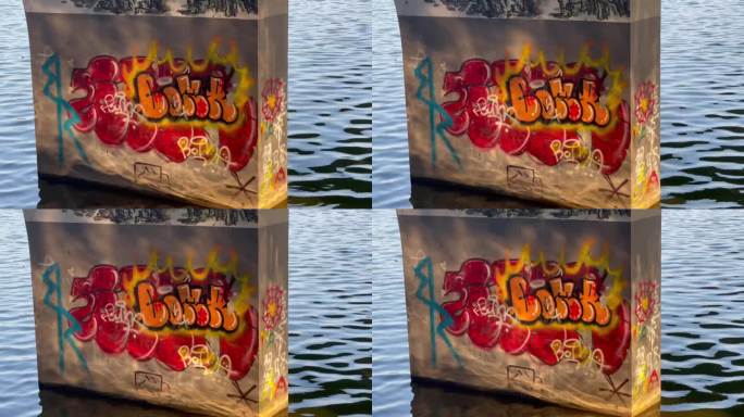 河流波光粼粼桥墩涂鸦暖阳光影