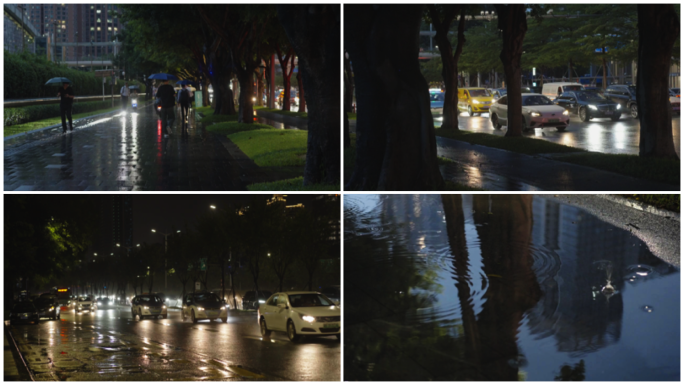 下雨天夜晚城市人群车流