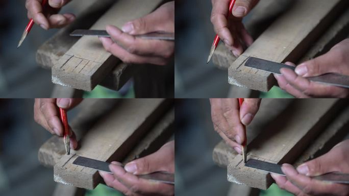 传统木匠师傅三角尺铅笔在木头上划线实拍