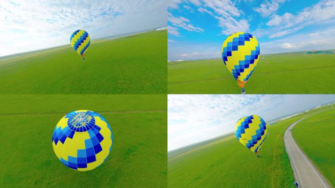 FPV拍摄草原上空飞行的热气球降落