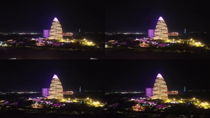 航拍三亚海棠湾夜景无人机灯光秀亚特兰蒂斯