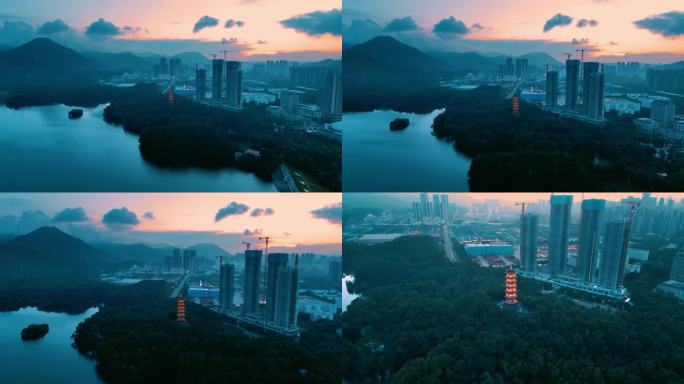 航拍深圳泰和塔夜景，坪山生态自然城市风光