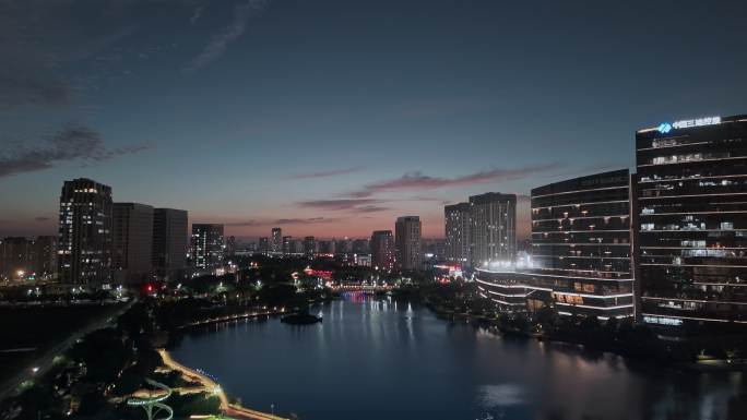 航拍上海松江五龙湖公园夜景