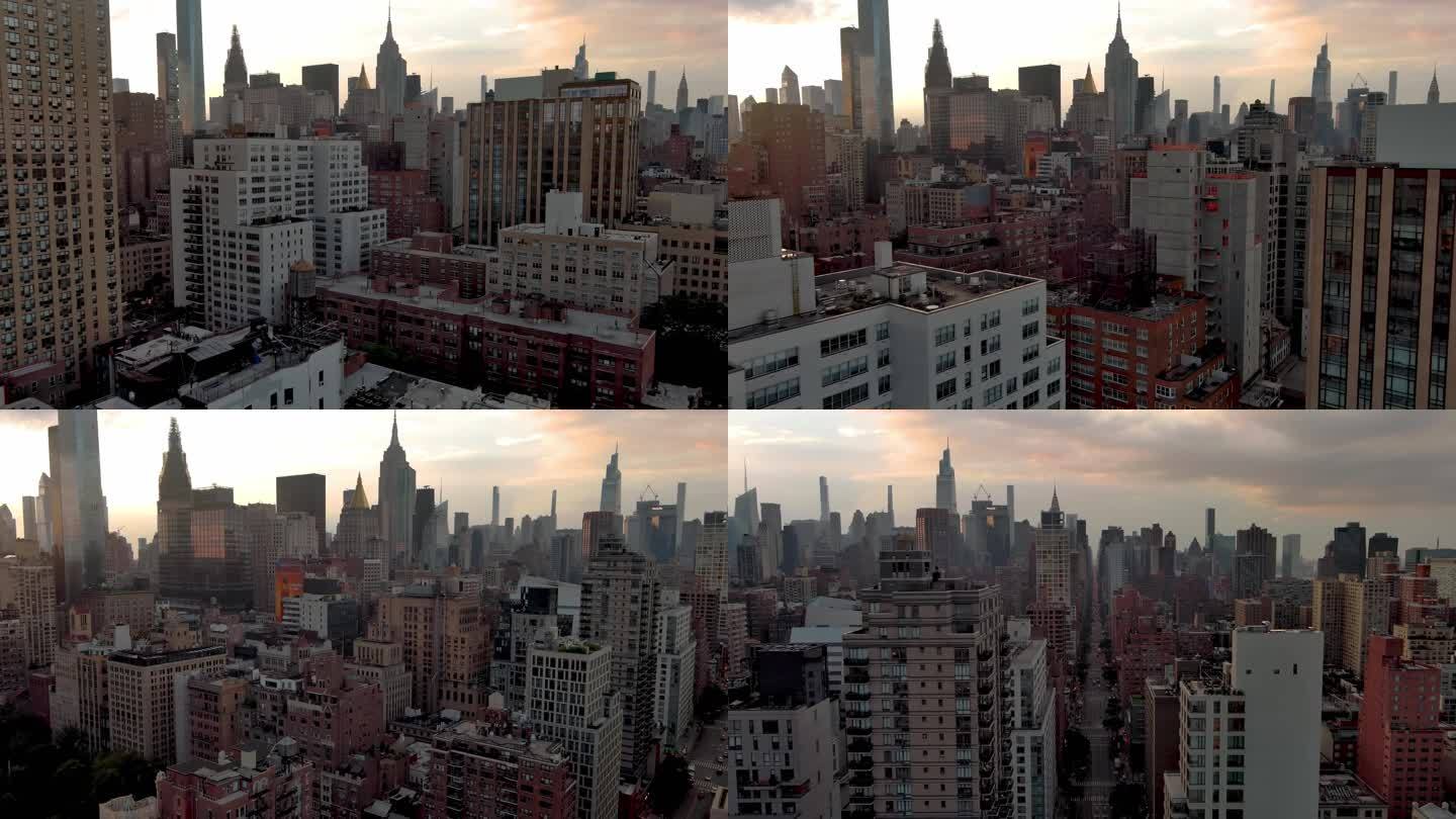 航拍纽约曼哈顿下城包厘街摩天大楼日落汽车