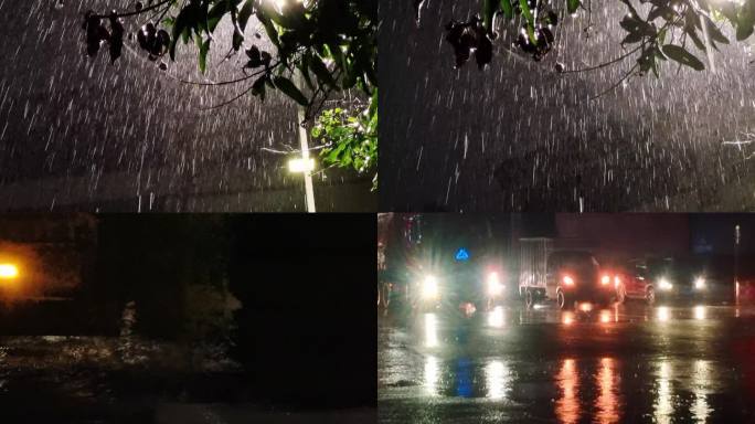 台风过后夜晚雨天汽车开过积水路段内涝城市