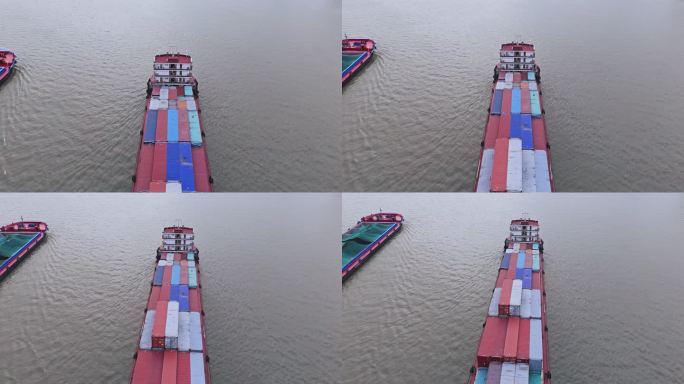 航拍长江集装箱货轮海上运输