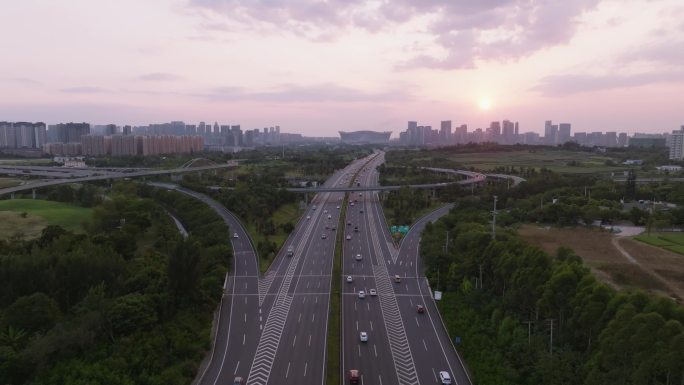 成都市绕城江家立交桥日落航拍