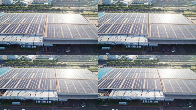 中国山东青岛工厂房顶太阳能电池板航拍