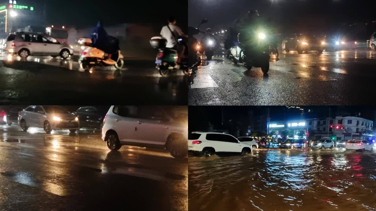 内涝城市洪水泛滥淹汽车开过积水路段