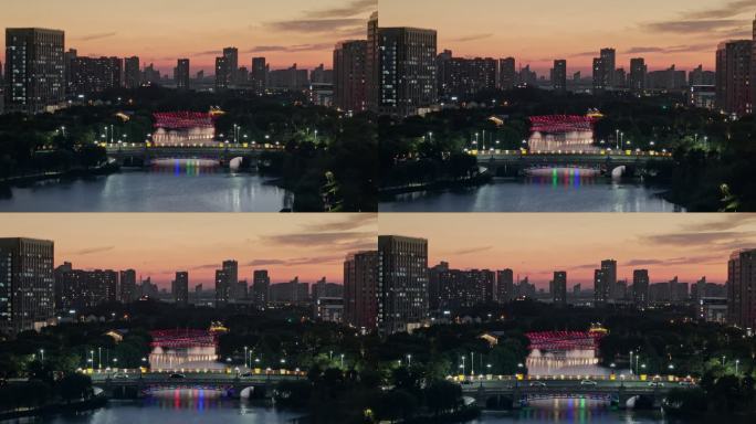 航拍上海松江五龙湖公园黄昏风光城市桥夜景