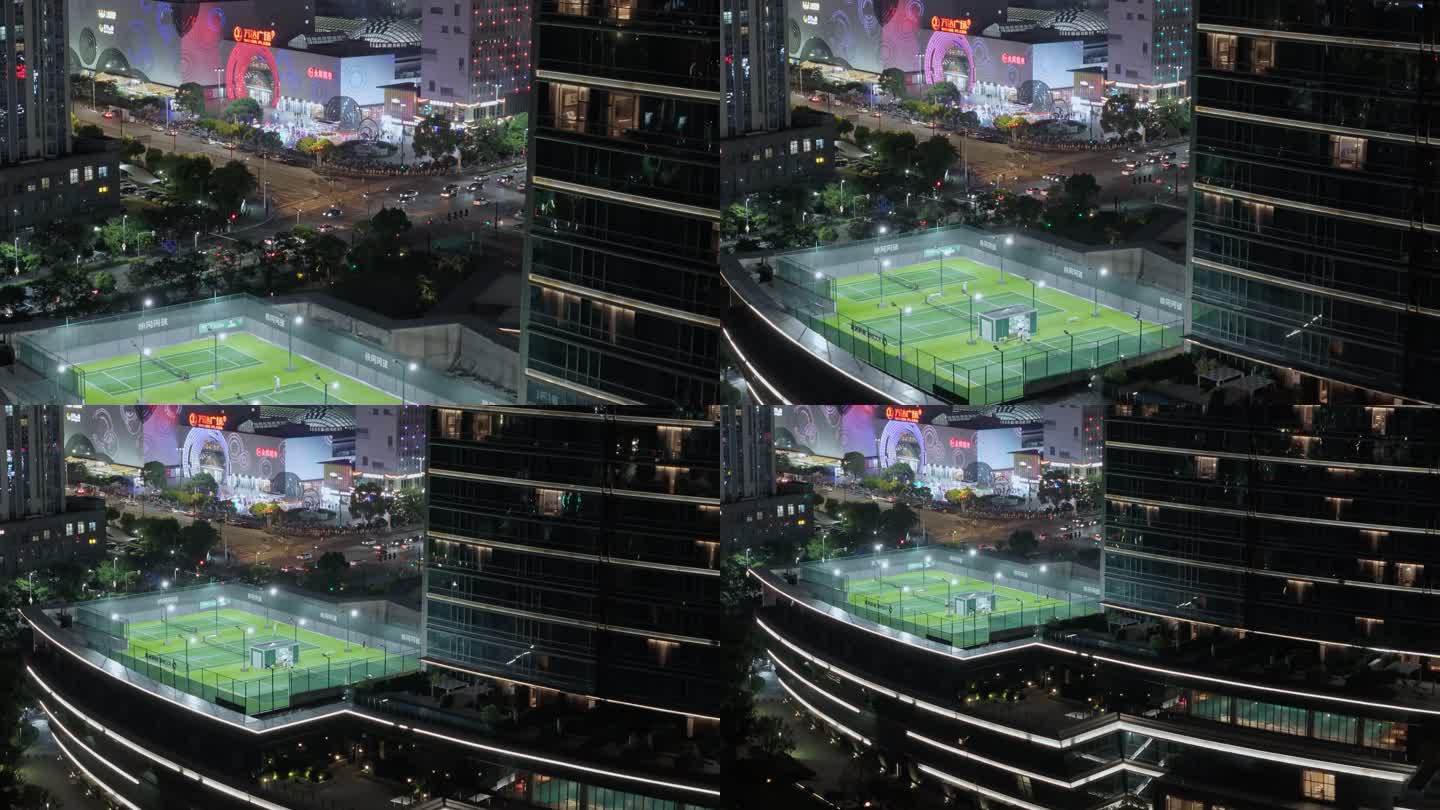 航拍上海三迪凯悦酒店露天网球场夜景