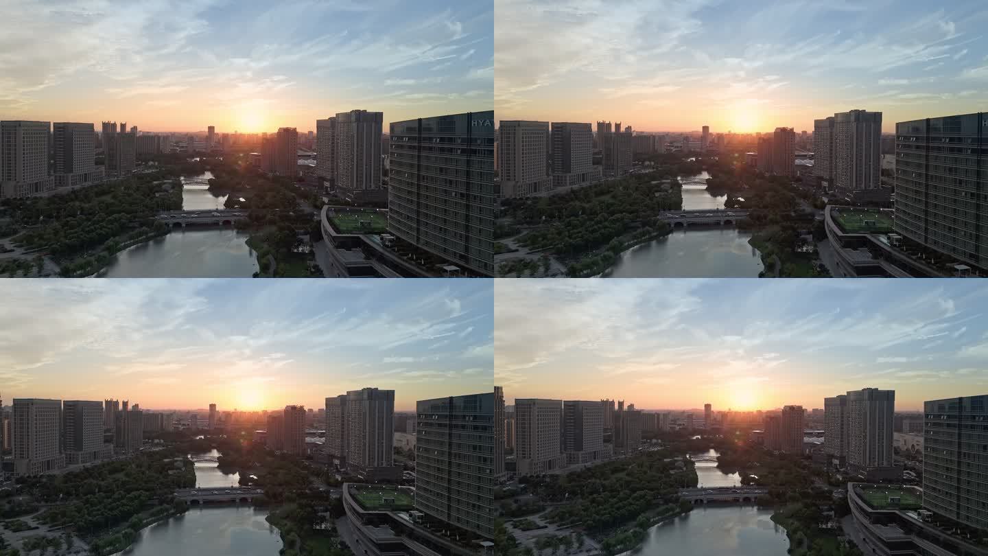 航拍上海松江五龙湖公园黄昏夕阳美景