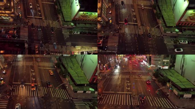 航拍纽约曼哈顿摩天大楼夜景灯光汽车路口人