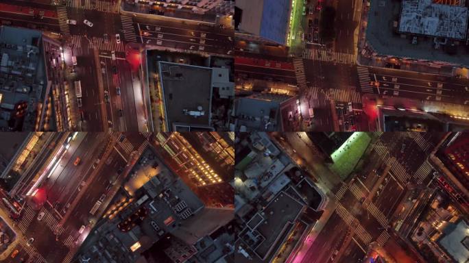 航拍纽约曼哈顿下城摩天大楼夜景灯光汽车街