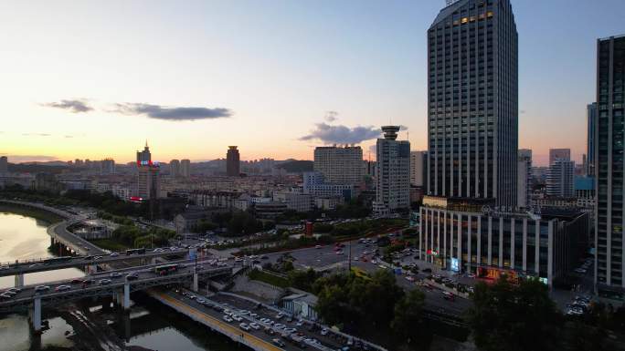 吉林市城市夜景夕阳落日风光松花江晚霞航拍