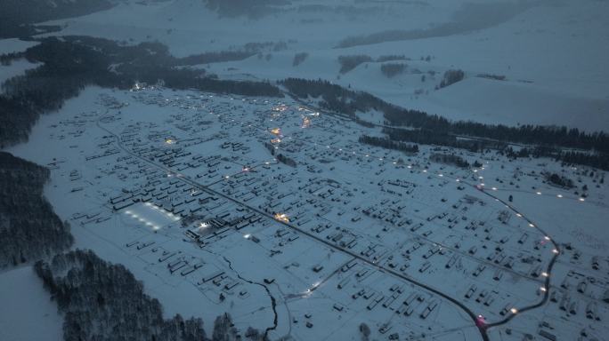 冬天喀纳斯禾木村雪景航拍