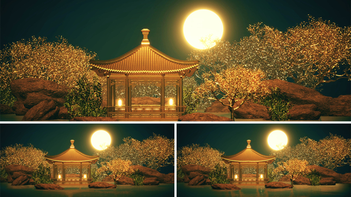 【4K景观空间】中式景观湖中庭院金秋明月
