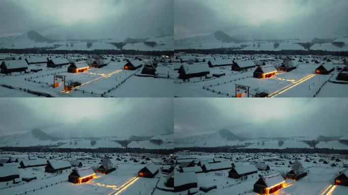 冬天喀纳斯禾木村雪景航拍