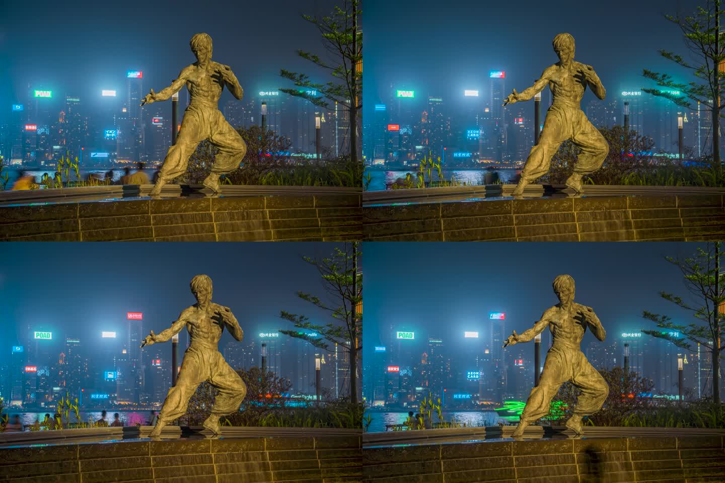 李小龙雕像夜景延时摄影8K