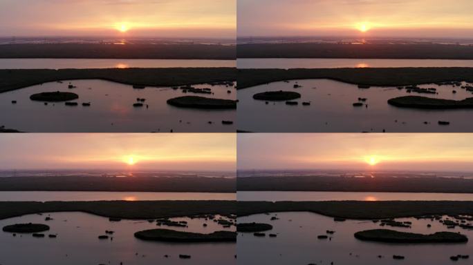 唯美河流湿地落日夕阳晚霞水面林洪河湿地