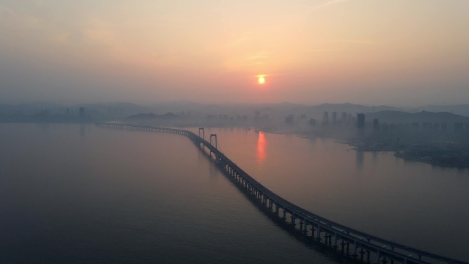 大连星海湾大桥日落航拍