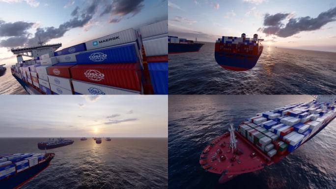 多艘货轮货船大海海面江面航行大气开场动画