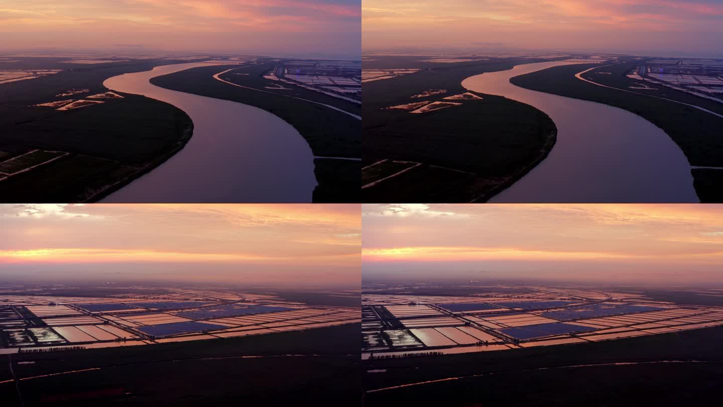 唯美S形河流田野湿地平原沃野夕阳晚霞