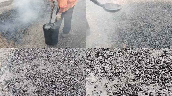 泼沥青修补破损公路 道班工人高温烧煮沥青