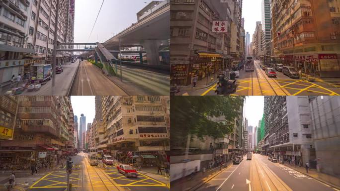 在香港叮叮车上城市穿梭延时摄影4K