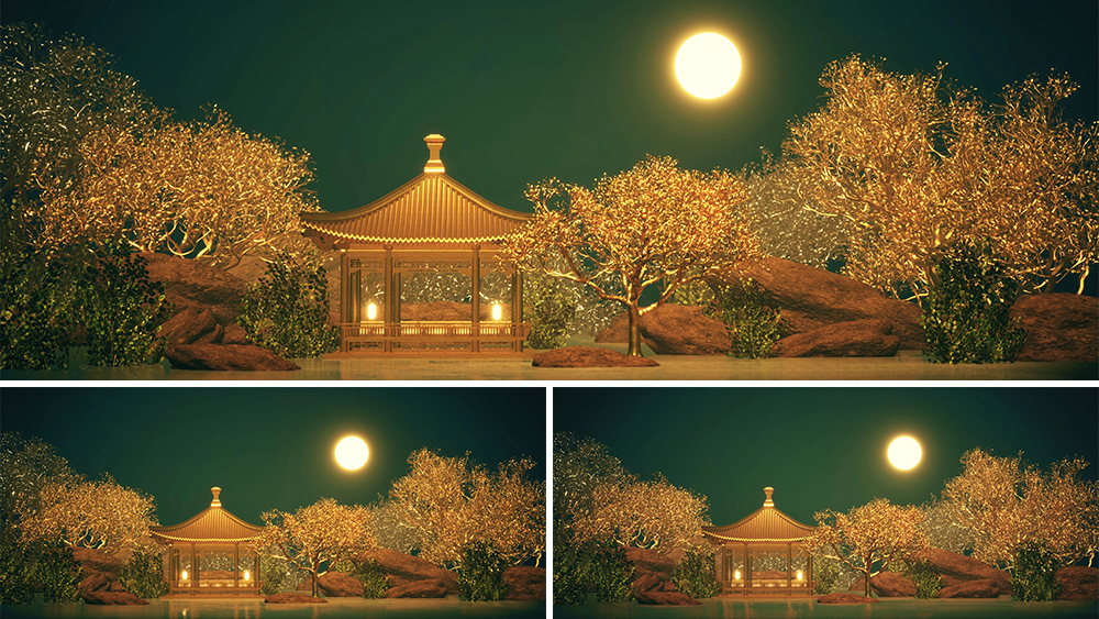 【4K景观空间】湖中庭院中式景观金秋明月