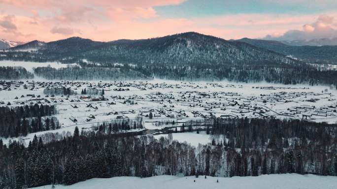 冬天喀纳斯禾木村雪景航拍