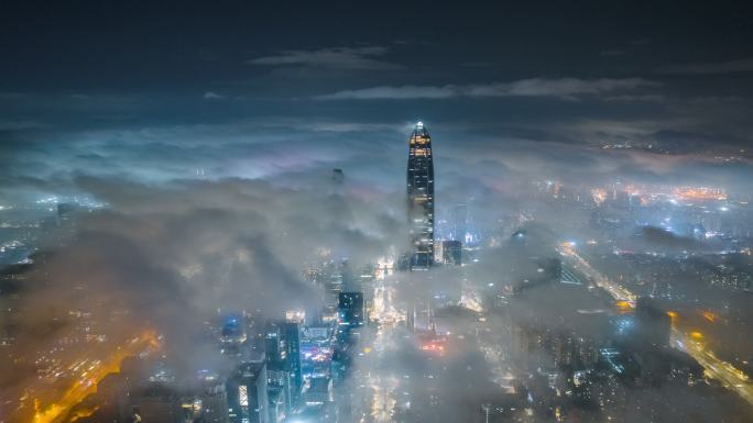 深圳城市风光夜景平流雾延时航拍