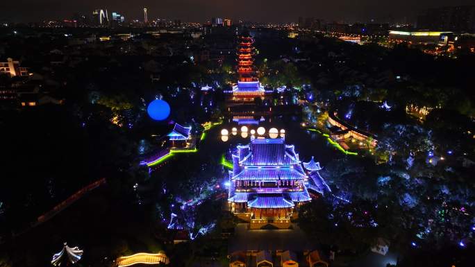 航拍苏州盘门景区中秋灯会夜景