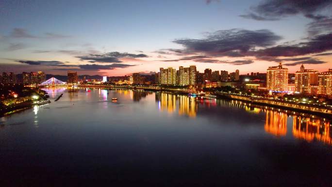 吉林市城市夜景夕阳落日风光松花江晚霞航拍