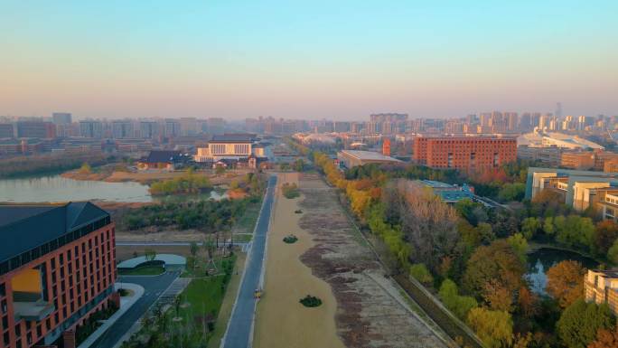 杭州浙江大学紫金港校区航拍校门风景视频素