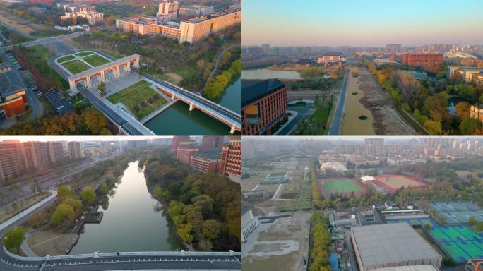 杭州浙江大学紫金港校区航拍校门风景视频素