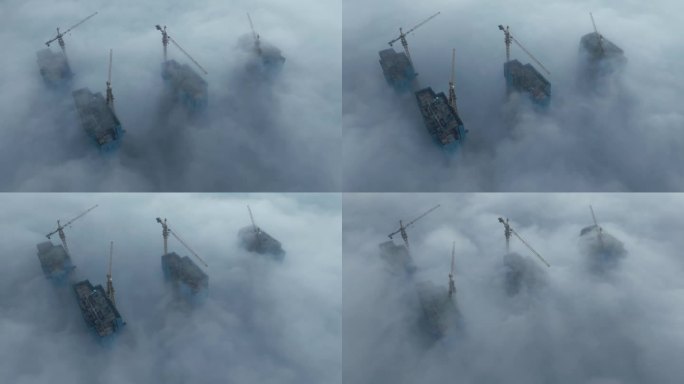 云雾中的建筑工地高架起重机航拍延时