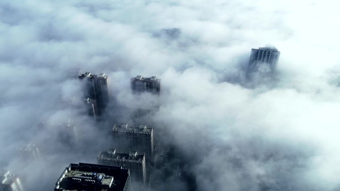 航拍沂南县城区的云海城市风光平流雾仙境