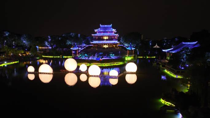 航拍苏州盘门景区中秋灯会夜景