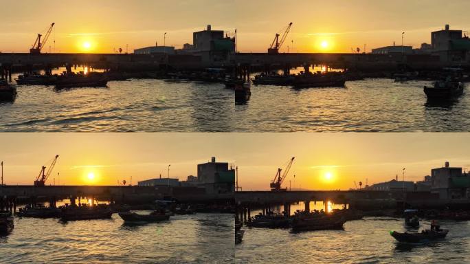 清晨朝阳码头渔民渔船出海