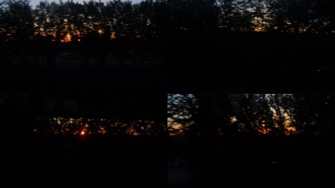 清晨朝阳升起在路上疾驰的火车窗外风光