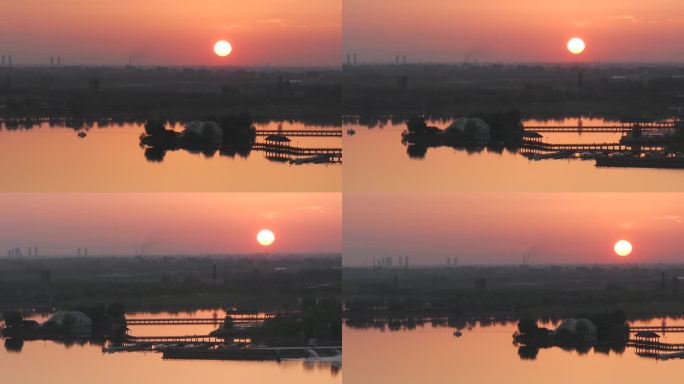 西安昆明池七夕公园晚霞日落大气湖面倒影