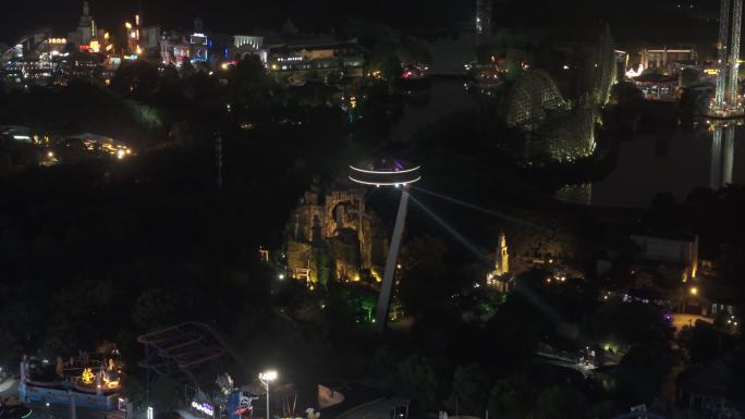 航拍上海玛雅海滩水公园游乐场夜景