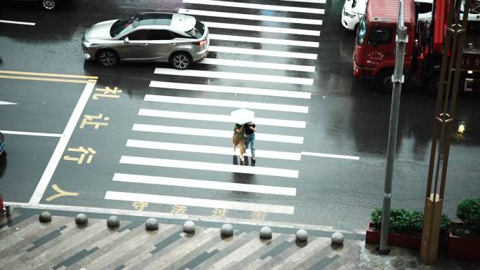 过马路 雨天 行人 车流 斑马线