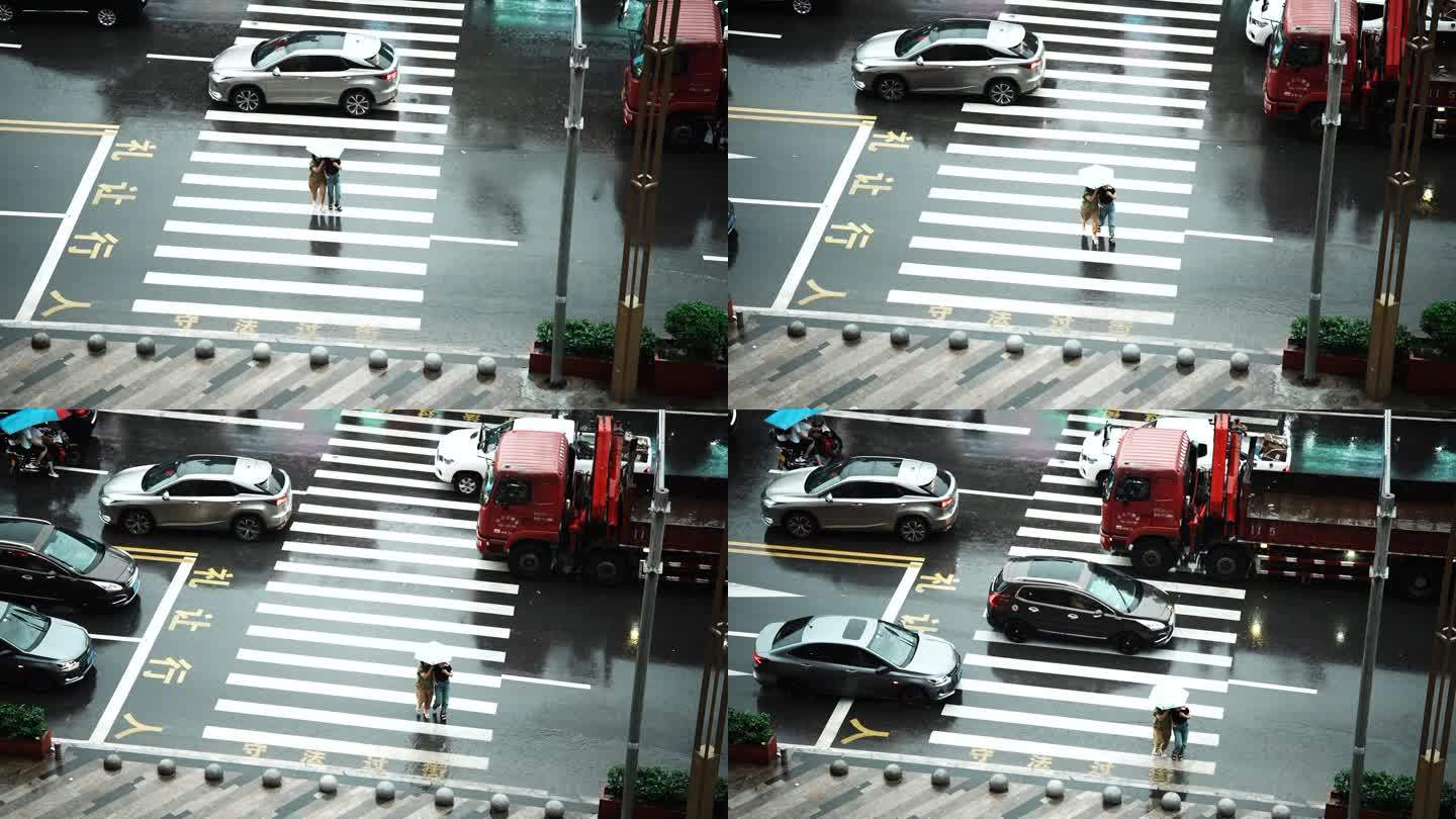 过马路 雨天 行人 车流 斑马线