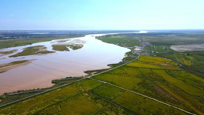 黄河航拍湿地滩地河道治理河套平原